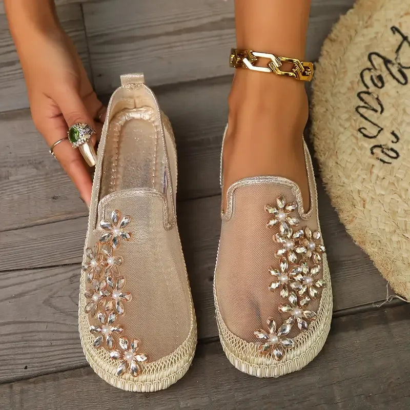 Rhinestone Floral Mesh Slip-On Flats